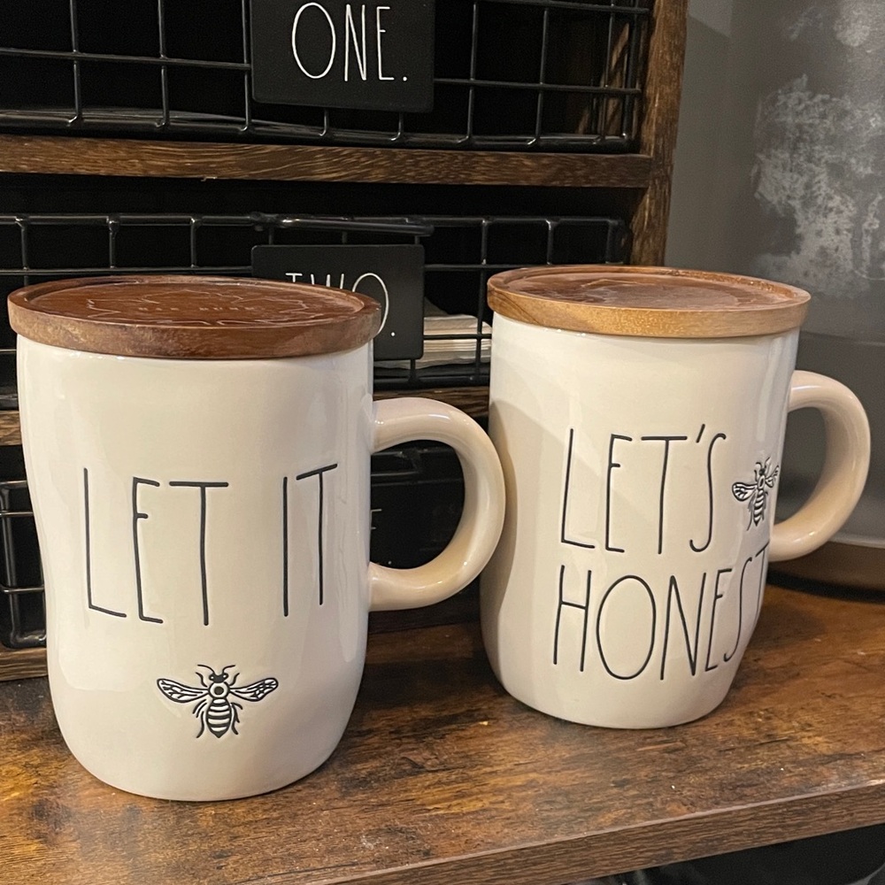 Rae Dunn Cream Mugs with Wooden Lids